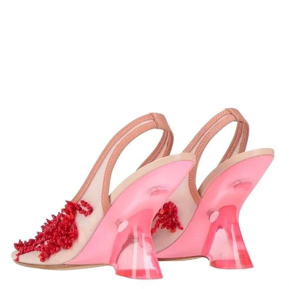 Dries Van Noten pink 110mm lucite wedge slingbacks w/ red beaded embellishments - Picture 4 of 4